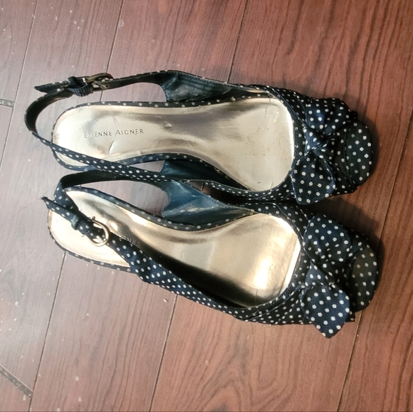 Etienne Aigner Navy Polka Dot Slingback Heels Size 9 - Picture 1 of 5